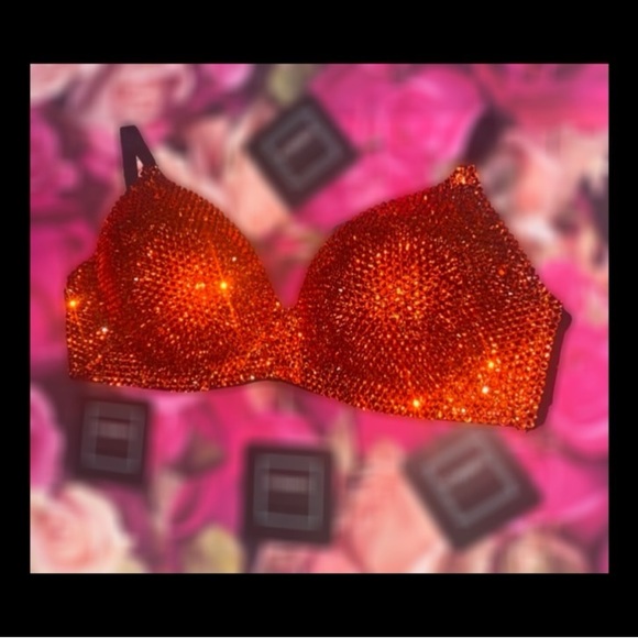 Orange Classic Crystal Rhinestone Sparkly Glam Bling Wireless Bra Top All Sizes - Picture 1 of 10